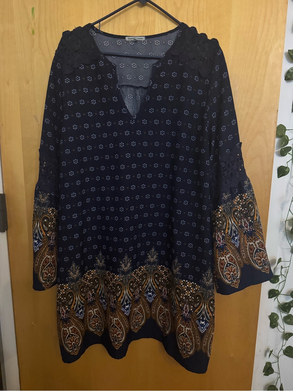 Charlotte Russe 2X Navy Boho Tunic Dress Crochet Lace Paisley Festival 70s Hip